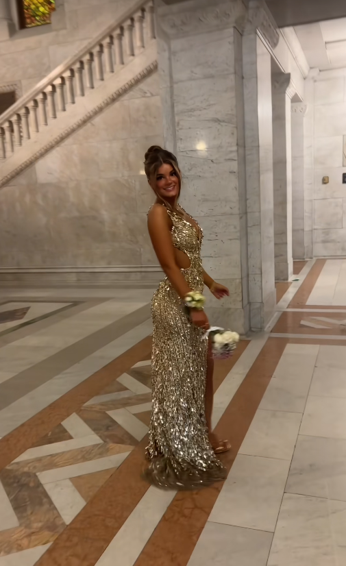Robe de bal chic dorée fourreau à sequins longue robe de soirée DP07701