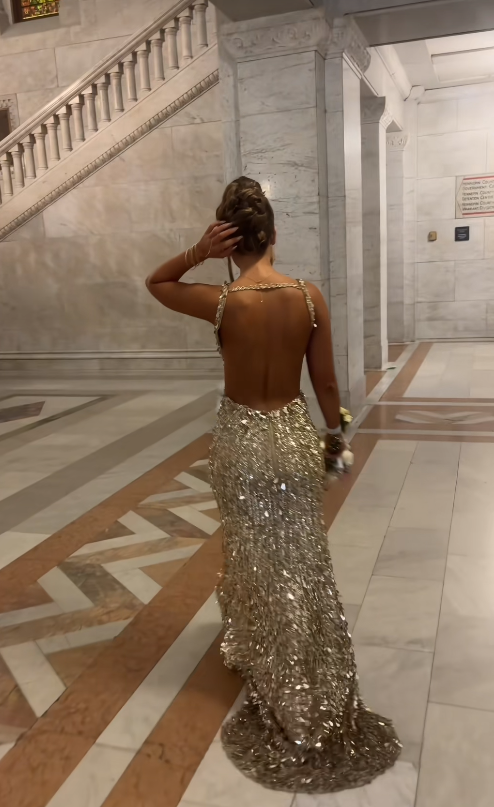 Robe de bal chic dorée fourreau à sequins longue robe de soirée DP07701