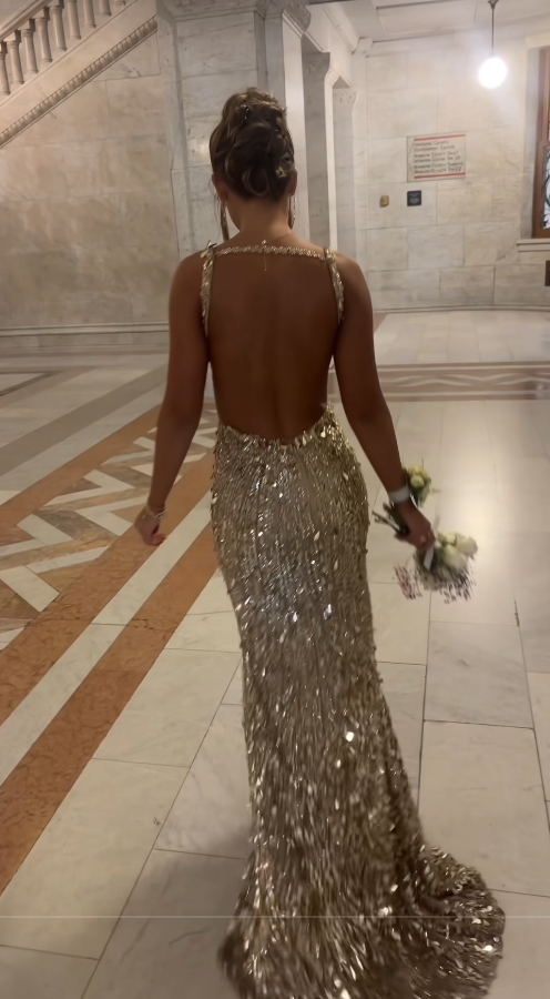 Robe de bal chic dorée fourreau à sequins longue robe de soirée DP07701