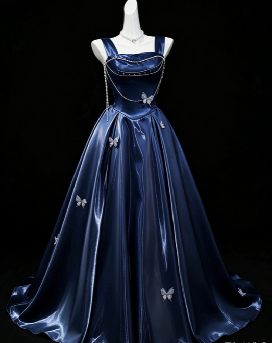 Robe de bal chic bleu marine, robe de soirée longue en satin coupe trapèze DP07703
