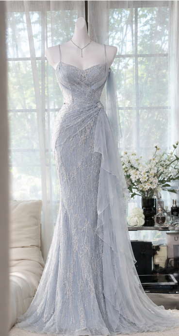 Robe de bal chic bleu pâle fourreau en mousseline perlée, robe de soirée longue DP07706