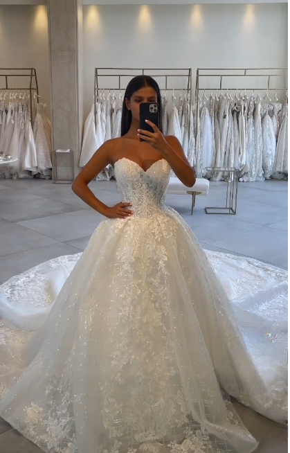 Classic Bridal Gown Ball Gown Sweetheart Lace White Wedding Dresses Minimalist Bridal Gowns DP1326