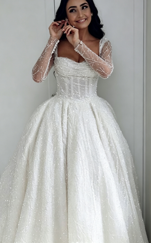 Ethereal Brautkleid Ballkleid Square Neck Lange Ärmel Weiße Brautkleider Brautkleider DP1353