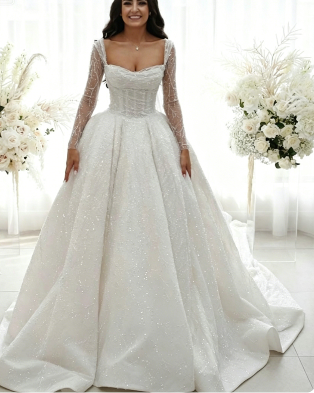 Ethereal Brautkleid Ballkleid Square Neck Lange Ärmel Weiße Brautkleider Brautkleider DP1353