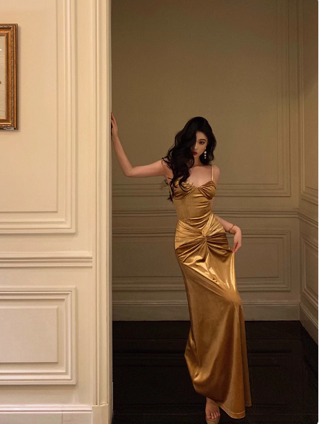 Elegant Mermaid Gold Satin 21st Birthday Dress Party Gown Birthday Outfits Birthday Dress Ideas For Women DP1450