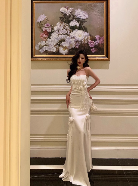 Elegant Mermaid Sweetheart White Satin 23rd Birthday Dress Party Gown Birthday Outfits Birthday Dress Ideas For Women DP1486