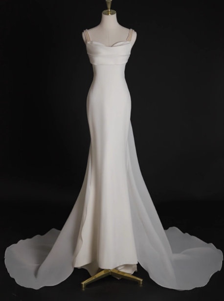 Schlichtes Brautkleid Meerjungfrau Spaghettiträger Satin Weiß Brautkleider Minimalistische Brautkleider DP1659