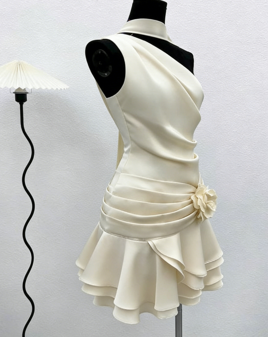 Cute A line One Shoulder Ivory Summer Homecoming Dress Hoco Dress Mini 16th Birthday Outfit Cocktail Dresses DP2089