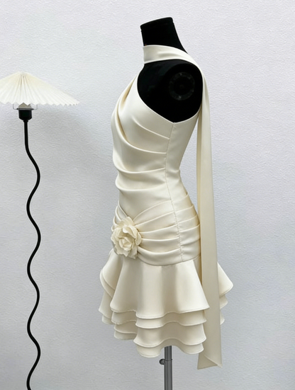 Cute A line One Shoulder Ivory Summer Homecoming Dress Hoco Dress Mini 16th Birthday Outfit Cocktail Dresses DP2089