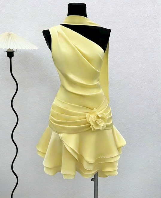 Cute A line One Shoulder Ivory Summer Homecoming Dress Hoco Dress Mini 16th Birthday Outfit Cocktail Dresses DP2089