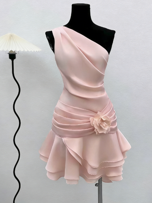 Cute A line One Shoulder Ivory Summer Homecoming Dress Hoco Dress Mini 16th Birthday Outfit Cocktail Dresses DP2089