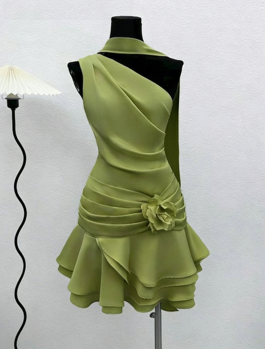 Cute A line One Shoulder Ivory Summer Homecoming Dress Hoco Dress Mini 16th Birthday Outfit Cocktail Dresses DP2089