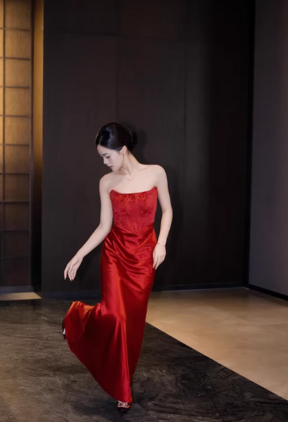 Robe de bal élégante en satin rouge, sans bretelles, tenue d'invitée de mariage d'été, DP2156
