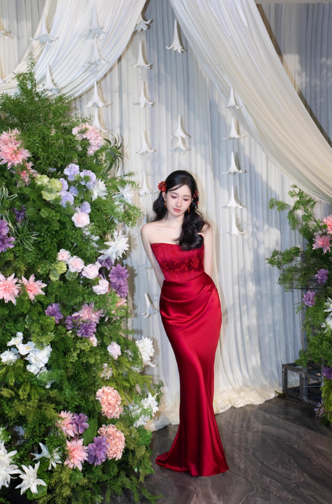 Robe de bal élégante en satin rouge, sans bretelles, tenue d'invitée de mariage d'été, DP2156