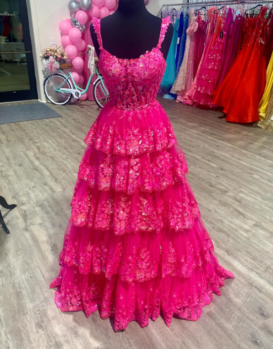 Chic Glitter Ball Gown Hot Pink Corset Off the Shoulder Lace Long Prom Dress Evening Dresses DP252