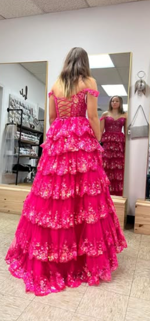 Chic Glitter Ball Gown Hot Pink Corset Off the Shoulder Lace Long Prom Dress Evening Dresses DP252