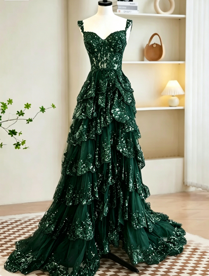 Robe de bal longue noire sexy en tulle et sequins, coupe trapèze, robe de soirée longue noire à sequins DP275