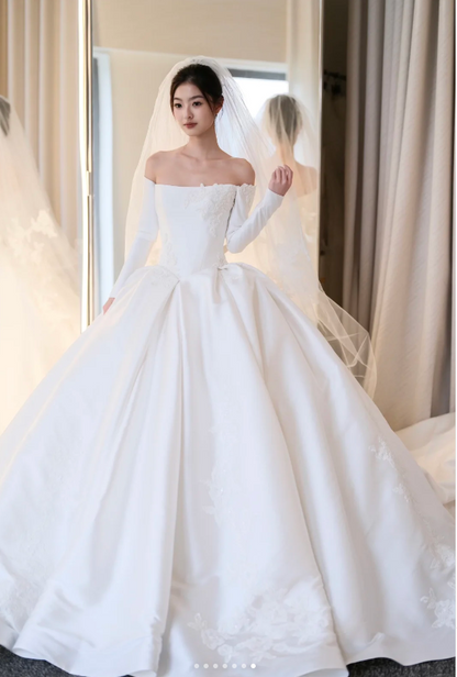 Timeless Off-the-shoulder A-Line Simple Wedding Dresses Satin White Bridal Gowns Long Sleeve Bridal Dresses DP3250