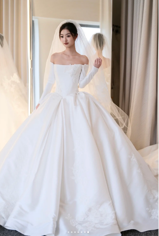 Timeless Off-the-shoulder A-Line Simple Wedding Dresses Satin White Bridal Gowns Long Sleeve Bridal Dresses DP3250