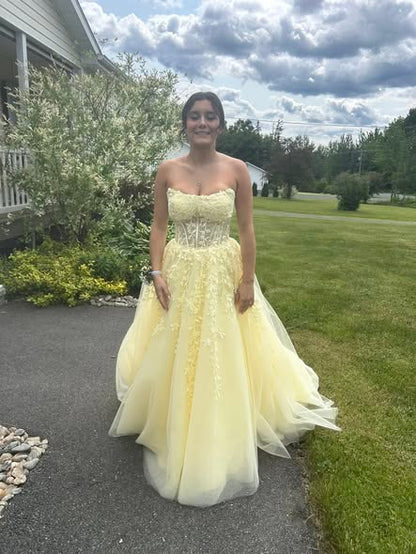 Chic Sweetheart A-line Yellow Long Prom Dresses Sleeveless Tulle Applique Yellow Birthday Dresses DP3857