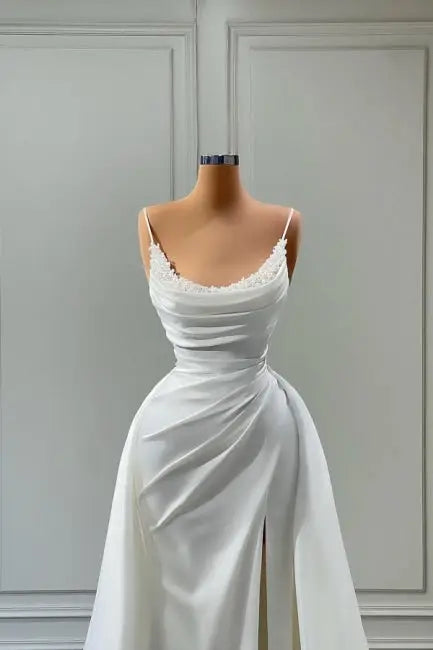 Magnifique robe de mariée blanche longue trapèze à bretelles spaghetti et perles DP625