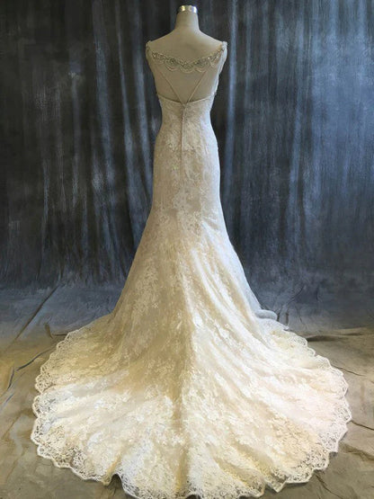 Magnifique robe de mariée sirène en tulle et dentelle, col en V, perles, DP629