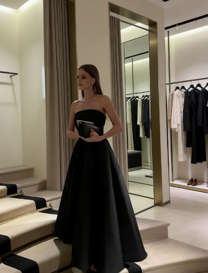 Wunderschönes trägerloses A-Linien-Abschlussballkleid mit schwarzer Krawatte, formelle Sommerkleider für Hochzeitsgäste, Outfits für Hochzeitsgäste, DP746