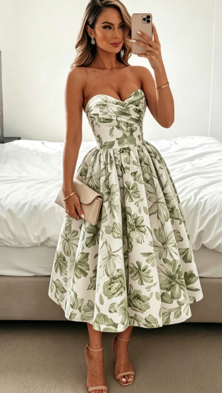 Elegantes Hochzeitsgast-Outfit Ballkleid Blaues Blumenmuster Abendkleid Sommer Teelänge Hochzeitsgastkleider DP769