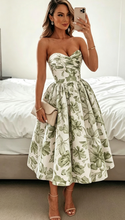 Elegantes Hochzeitsgast-Outfit Ballkleid Blaues Blumenmuster Abendkleid Sommer Teelänge Hochzeitsgastkleider DP769