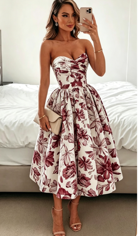 Elegantes Hochzeitsgast-Outfit Ballkleid Blaues Blumenmuster Abendkleid Sommer Teelänge Hochzeitsgastkleider DP769