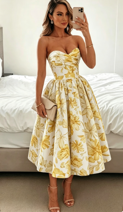 Elegantes Hochzeitsgast-Outfit Ballkleid Blaues Blumenmuster Abendkleid Sommer Teelänge Hochzeitsgastkleider DP769