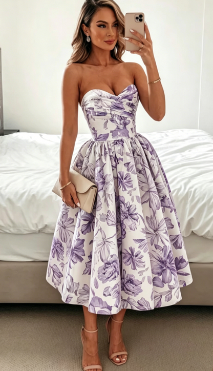 Elegantes Hochzeitsgast-Outfit Ballkleid Blaues Blumenmuster Abendkleid Sommer Teelänge Hochzeitsgastkleider DP769