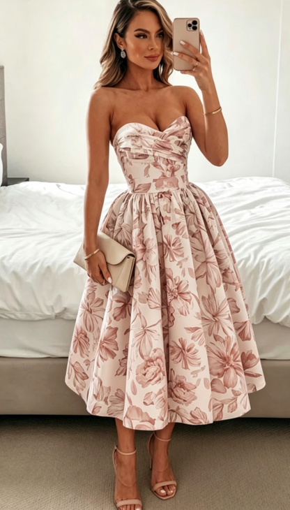 Elegantes Hochzeitsgast-Outfit Ballkleid Blaues Blumenmuster Abendkleid Sommer Teelänge Hochzeitsgastkleider DP769
