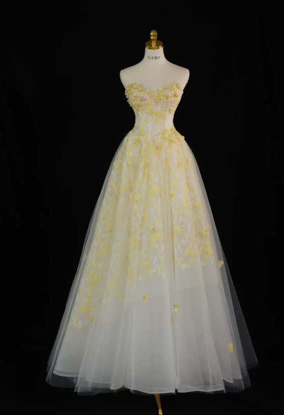 Atemberaubendes Ballkleid mit Herzausschnitt und gelbem Tüll und Blumenmuster, langes Ballkleid, Partykleid, Abschlusskleider DP806