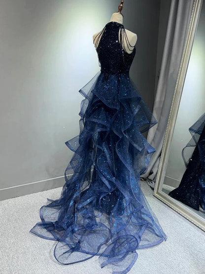 Pretty Navy Blue Sequins Long Prom Party Dress Prom Dress Evening Dresses DP309