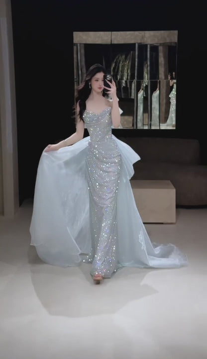Pretty Ice Blue Prom Dress Sheath Tulle Diamonds Long Evening Dress DP08299