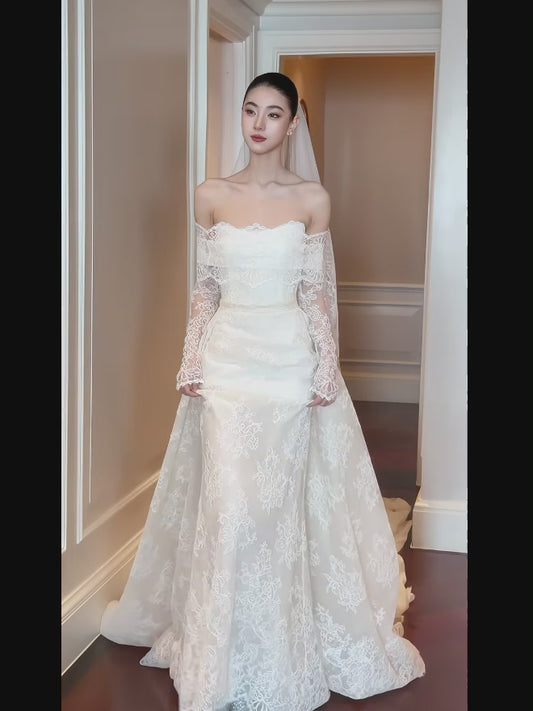 Chic Mermaid Long Wedding Dresses Lace Applique White Bridal Dresses Off-shoulder Long Sleeves Bridal Gowns DP04681