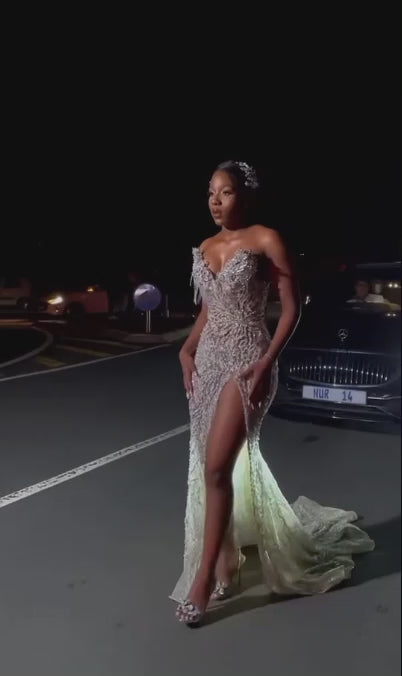 Modest Mermaid Sweetheart Champagne Slit Formal Gown 20th Birthday Dress Prom Dresses Black Girl 18th Birthday Outfits W0413