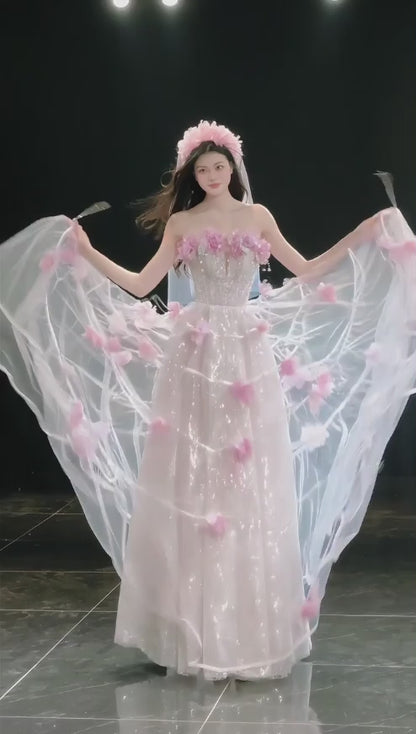 Robe de bal rose chic coupe trapèze en tulle à fleurs, robe de soirée longue DP08230
