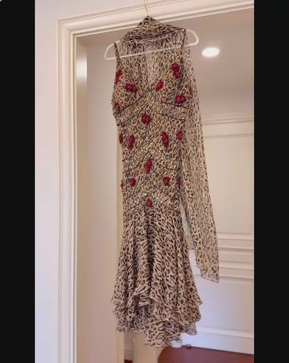 Sexy Sheath Leopard Short Prom Dresses Chiffon Spaghetti Straps Long Evening Dresses Sleeveless Party Dresses DP04611