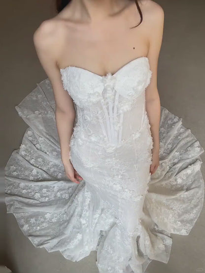 Elegant Sweetheart Mermaid Long Wedding Dresses Lace Appliques White Bridal Gowns Sleeveless Bridal Dresses DP04184