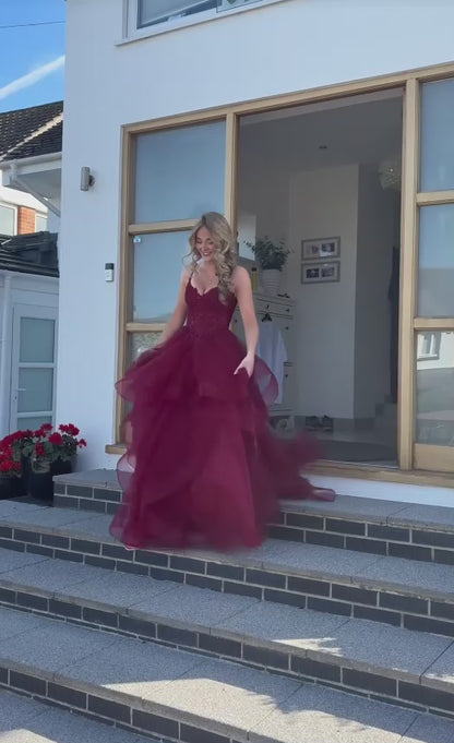 Pretty A-line Tulle Long Evening Dress Red Prom Dress DP08070