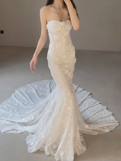 Elegant Sweetheart Mermaid Long Wedding Dresses Lace Appliques White Bridal Gowns Sleeveless Bridal Dresses DP04184