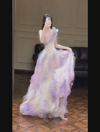 Chic A-Line Long Prom Dresses Tulle One-shoulder  Sleeveless Evening Dresses DP04771