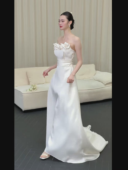 Simple Strapless Sheath Long Wedding Dresses Satin White Bridal Gowns Sleeveless Bridal Dresses DP04186