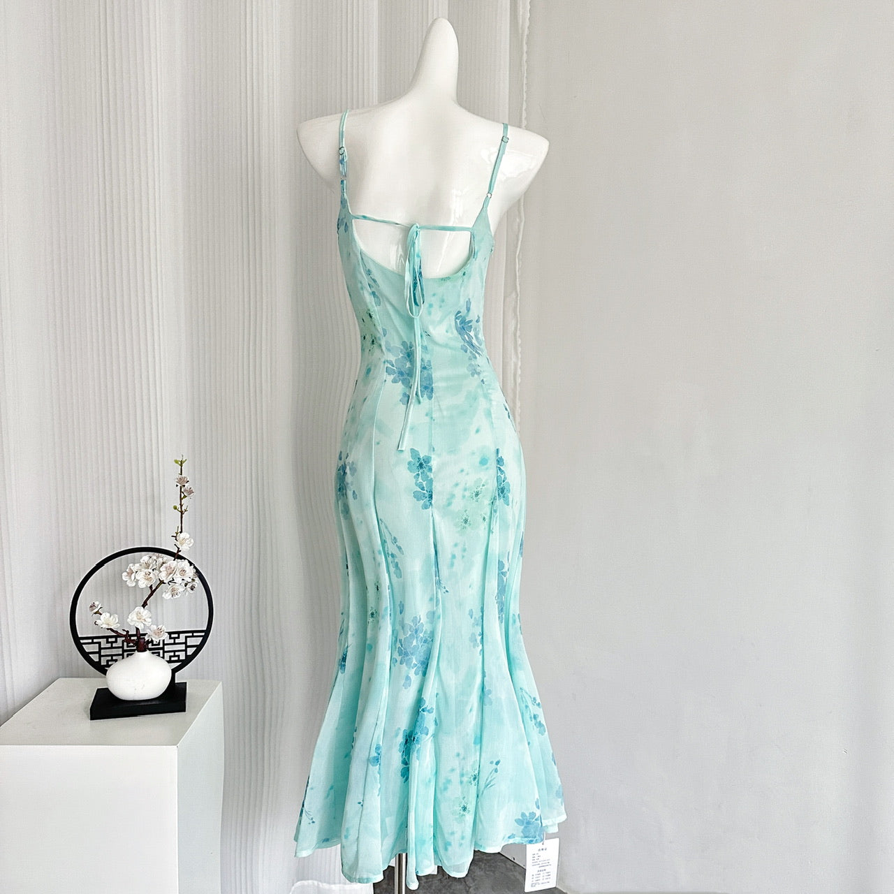 Sexy Mermaid Spaghetti Straps Floral Blue Summer Dress Holiday Party Outfits For Women DP0085