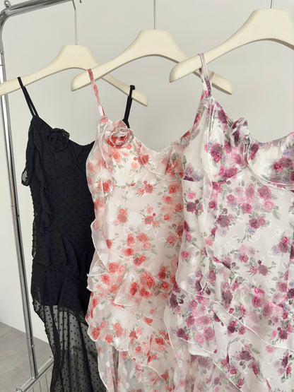 Sexy High Low Spaghetti Straps Floral Summer Dress Holiday Party Outfits For Women DP0080