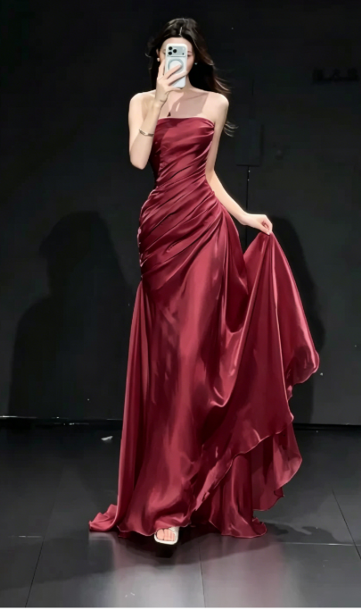 Elegant Pink Prom Dress Satin Strapless Sheath Evening Dress S1067