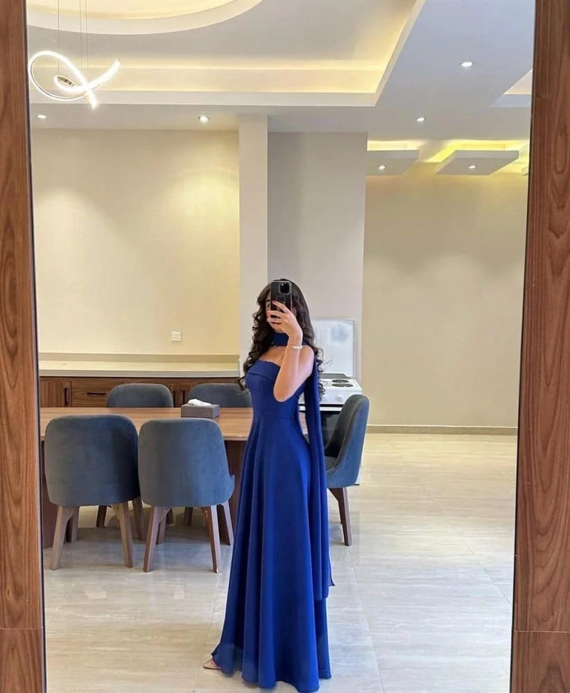 Classy A line Strapless Royal Blue Chiffon Long Prom Gown Summer Wedding Guest Dress Bridal Guest Dresses Wedding Outfits For Guest W0653