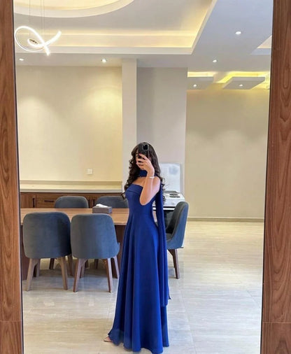 Classy A line Strapless Royal Blue Chiffon Long Prom Gown Summer Wedding Guest Dress Bridal Guest Dresses Wedding Outfits For Guest W0653